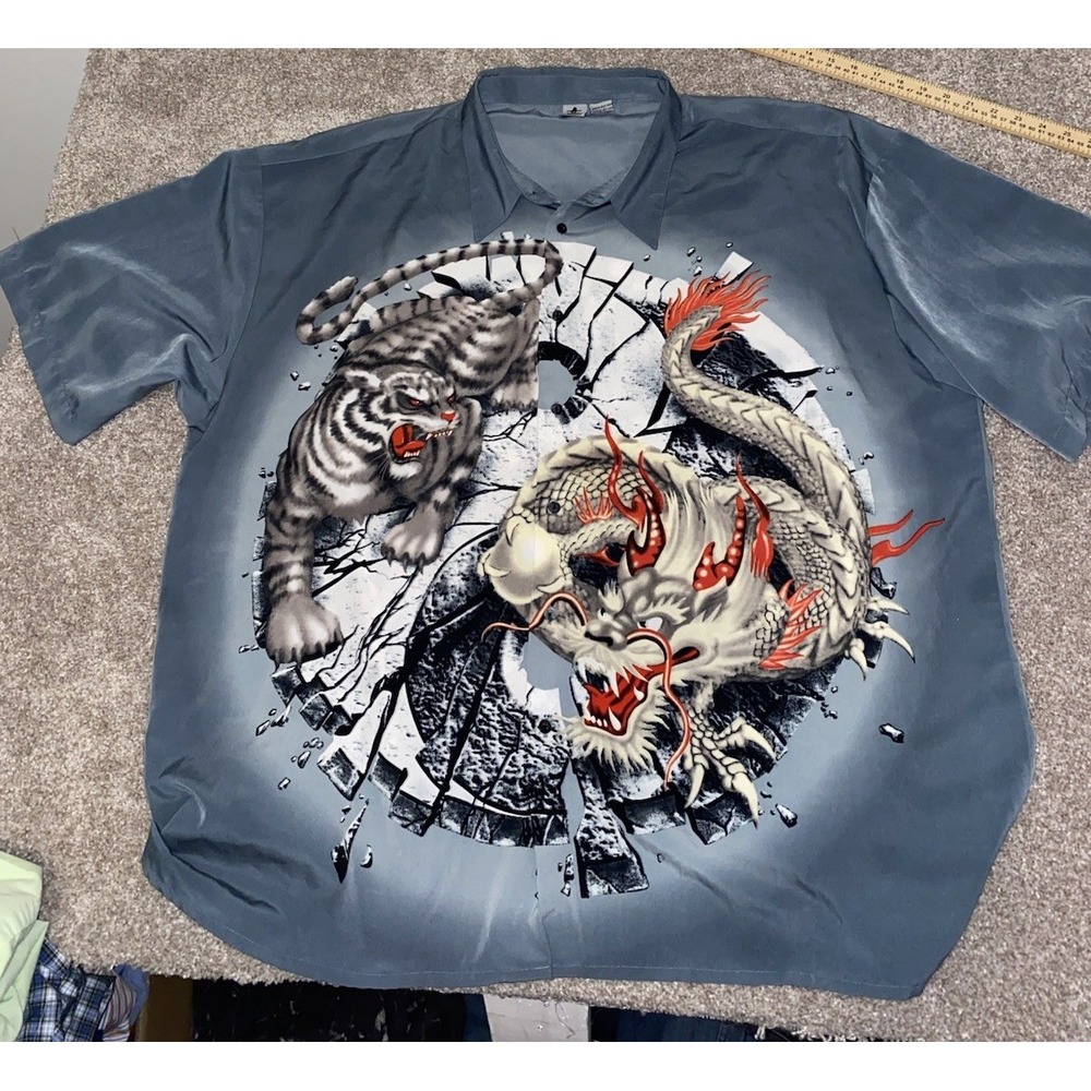 Vintage Billion Bay Button Up Shirt Mens 3XLT Blue Yin Yang Tiger Dragon Y2K 90s